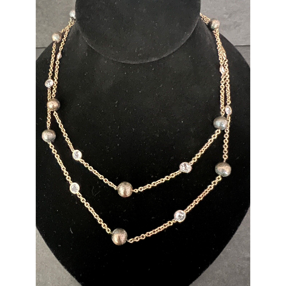 Vtg Marked Sterling Silver 925 w/ Gold Overlay Crystal & Beaded Necklace 18"